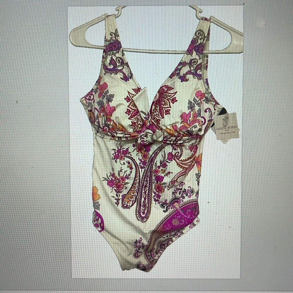 Janine Robin swim wear Floral paisley print  white pink Lycra New